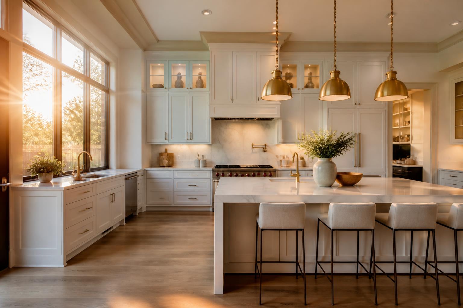 Luxury North Dallas kitchen remodel by Alfaro Remodeling with brass pendants, quartz waterfall island and warm golden-hour light